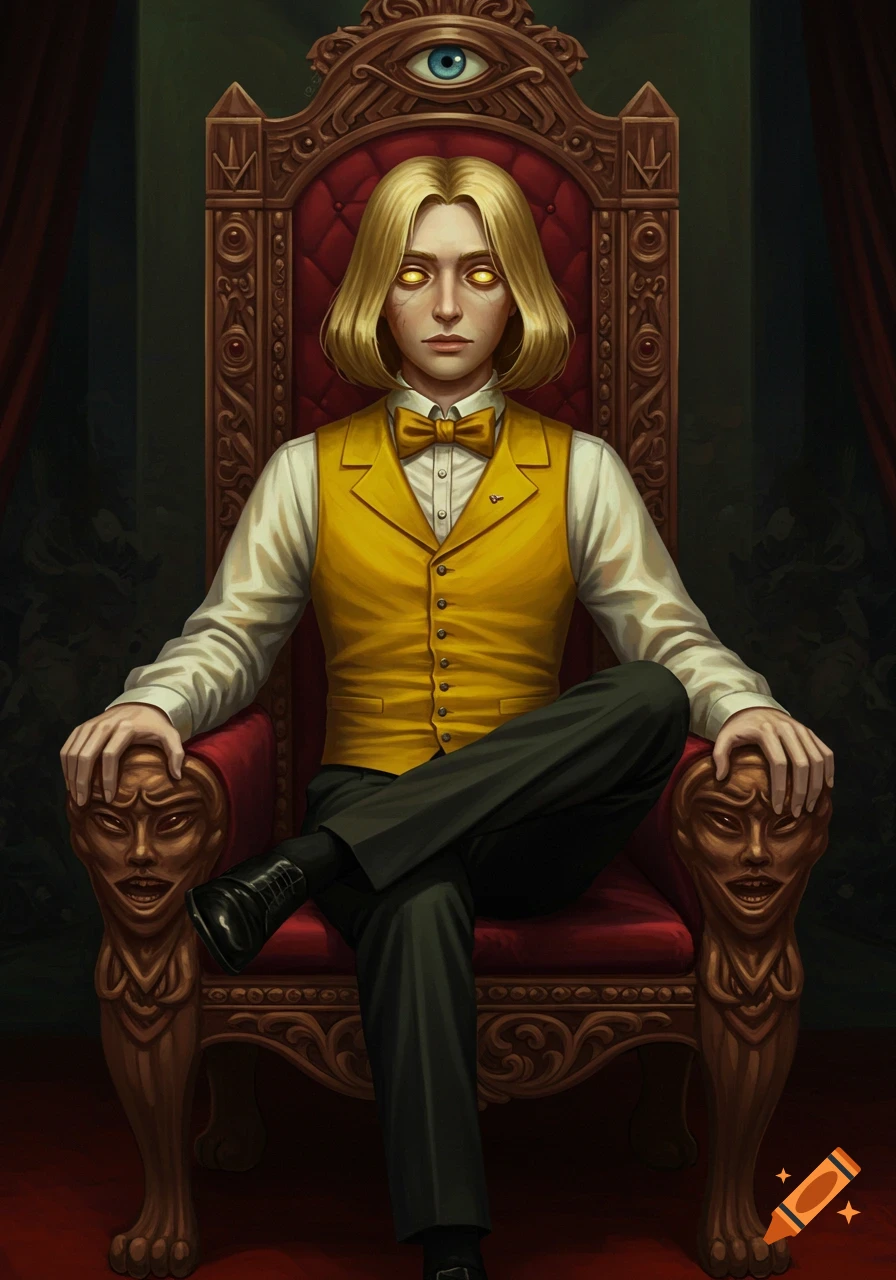 A blonde man with glowing yellow eyes sits on an ornate red throne with a third eye symbol, wearing a yellow vest, in a semi-realistic painted style.