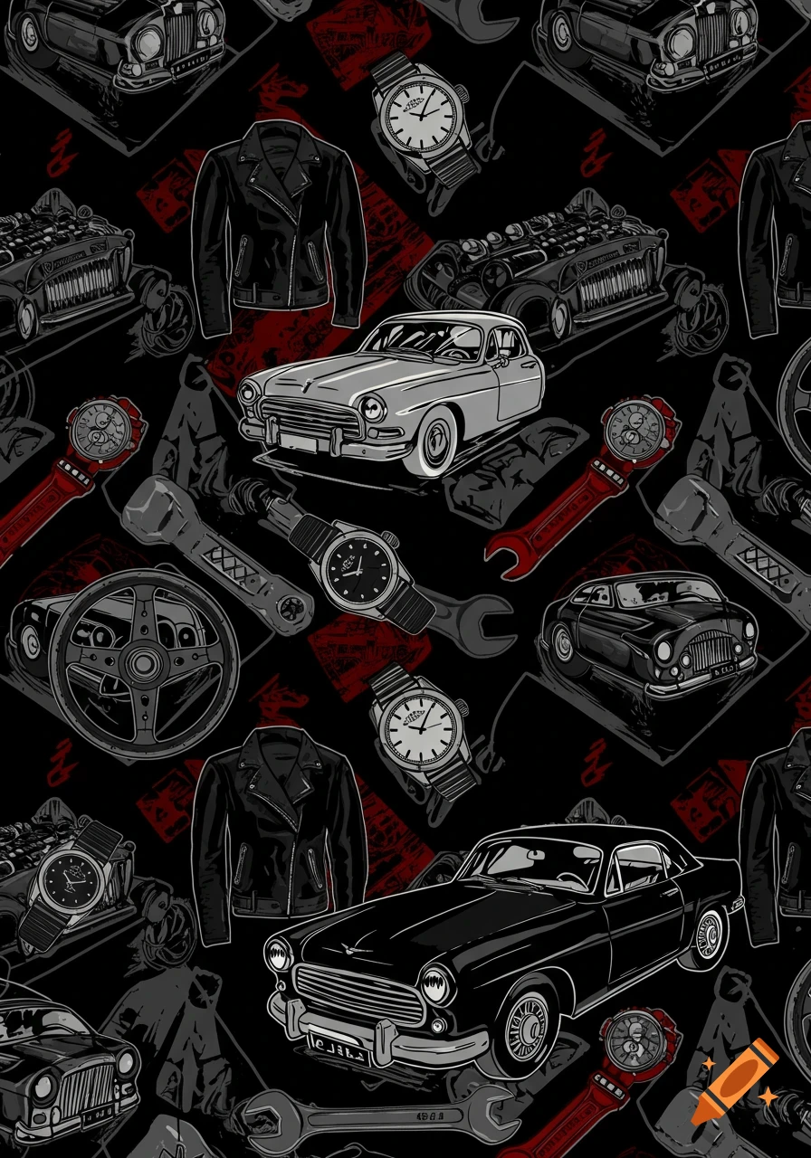 Seamless retro-style vector pattern featuring classic cars, leather jackets, wristwatches, steering wheels, and wrenches on a black background.