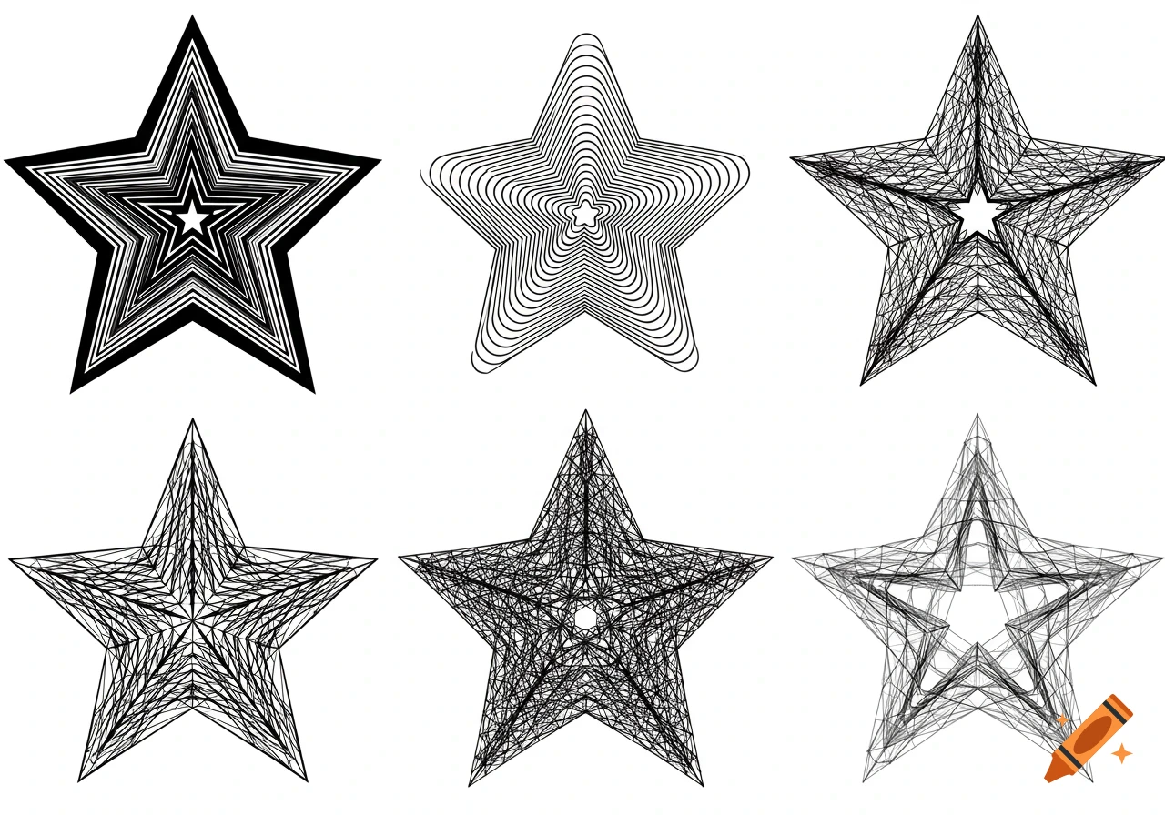 Six black and white abstract 5-pointed star designs with various line and geometric patterns.
