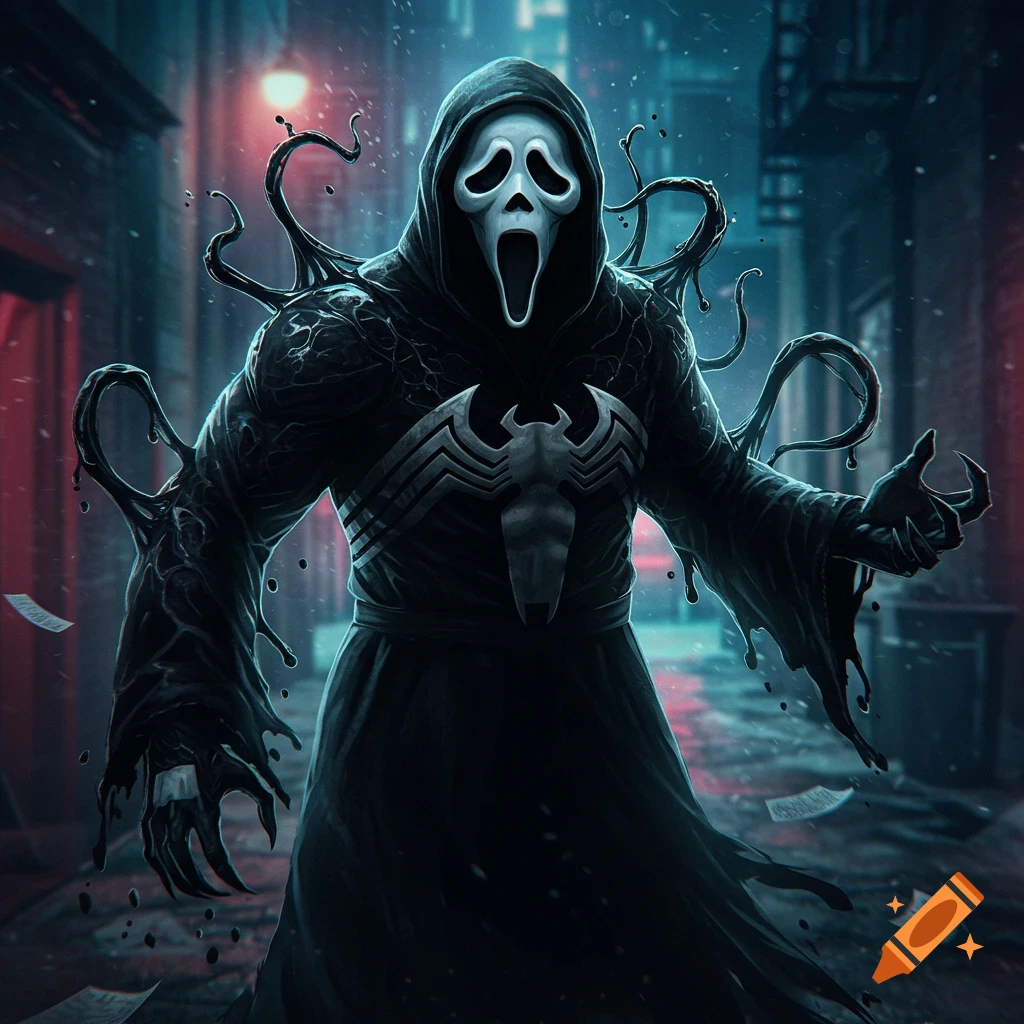 A sinister Ghostface character with Venom's black, gooey body and tendrils stands in a dark, snowy alley at night.