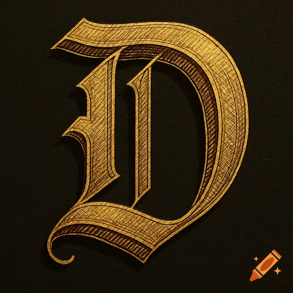 A burnished gold Gothic Old English letter D in medieval woodcut style on a dark background.
