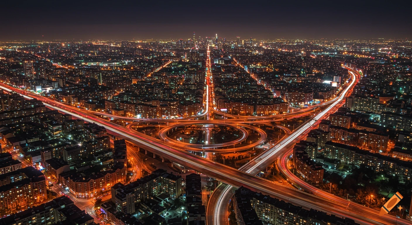 Aerial long-exposure night view of a sprawling city with a complex, brightly lit highway interchange and distant skyline.