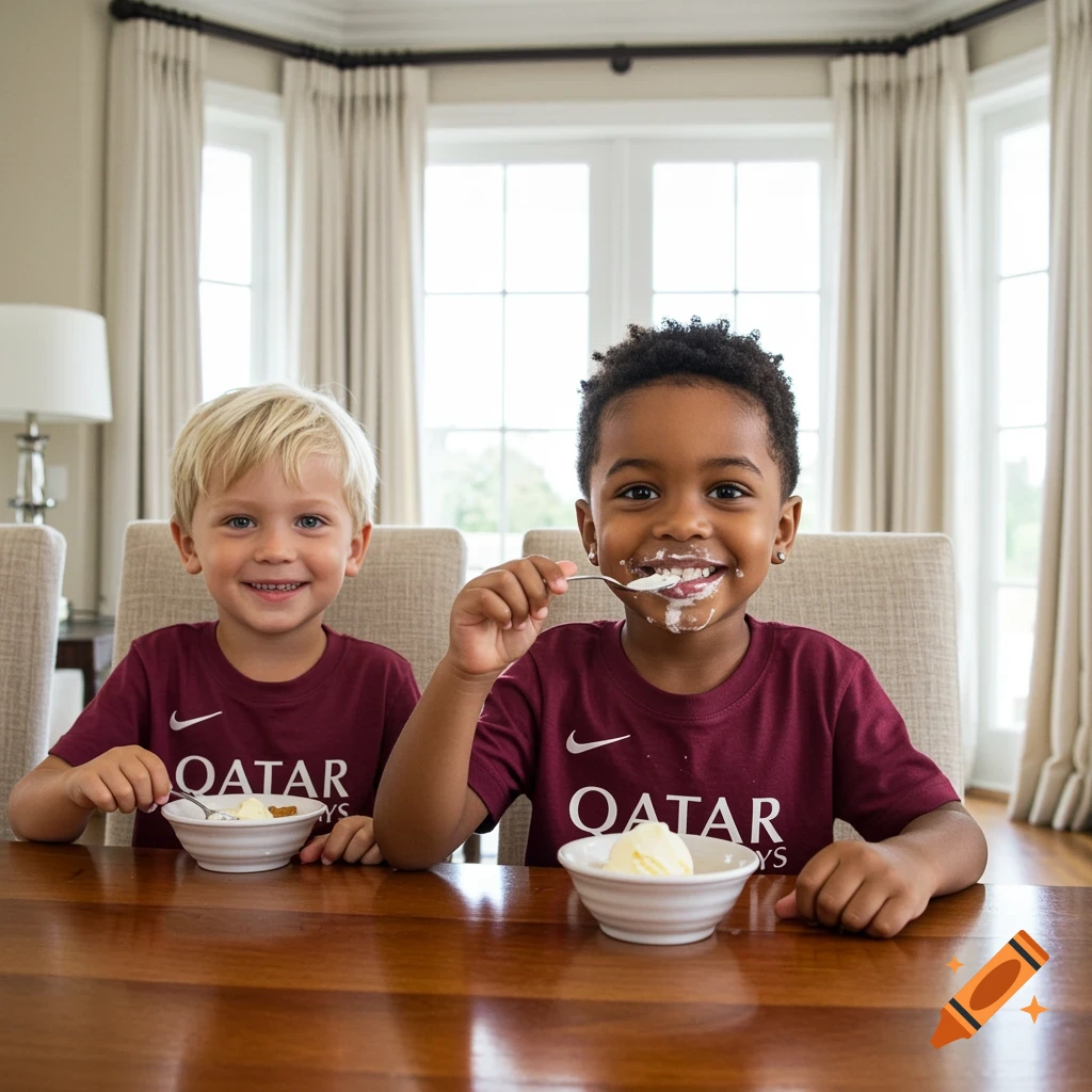 Two smiling boys, one with a messy face, eat ice cream at a wooden table. Both wear maroon shirts with "QATAR" printed on them.