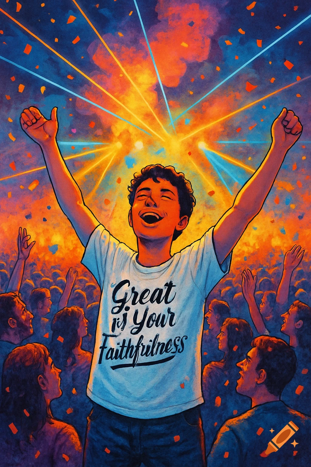 A joyful young man in a white t-shirt reading "Great is Your Faithfulness", cheering with arms raised in a vibrant crowd at a concert, with confetti and colorful lights.