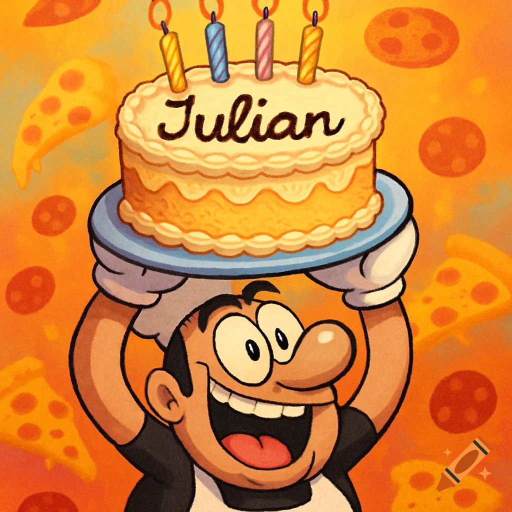 A cartoon character, Peppino Pizza, happily holds a birthday cake with the name Julian on it, against an orange background with pizza slices.