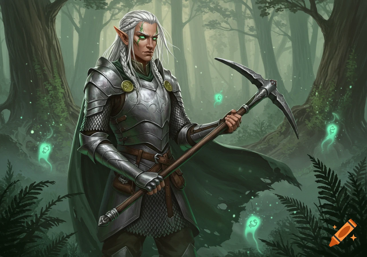 A white-haired elf warrior in ornate silver armor holds a pickaxe in a misty green forest with glowing spirits.