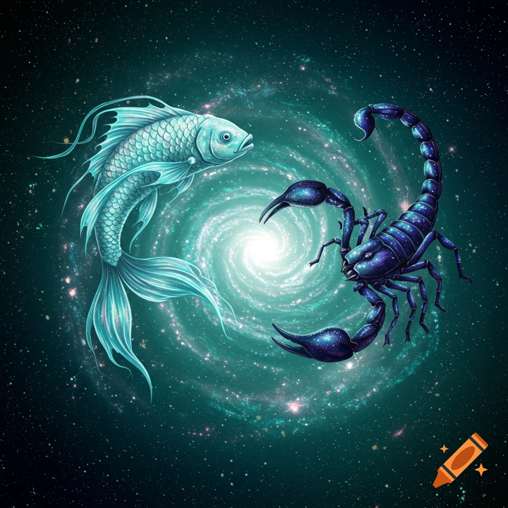 A teal fish and a blue scorpion face each other in a glowing cosmic spiral with stars.
