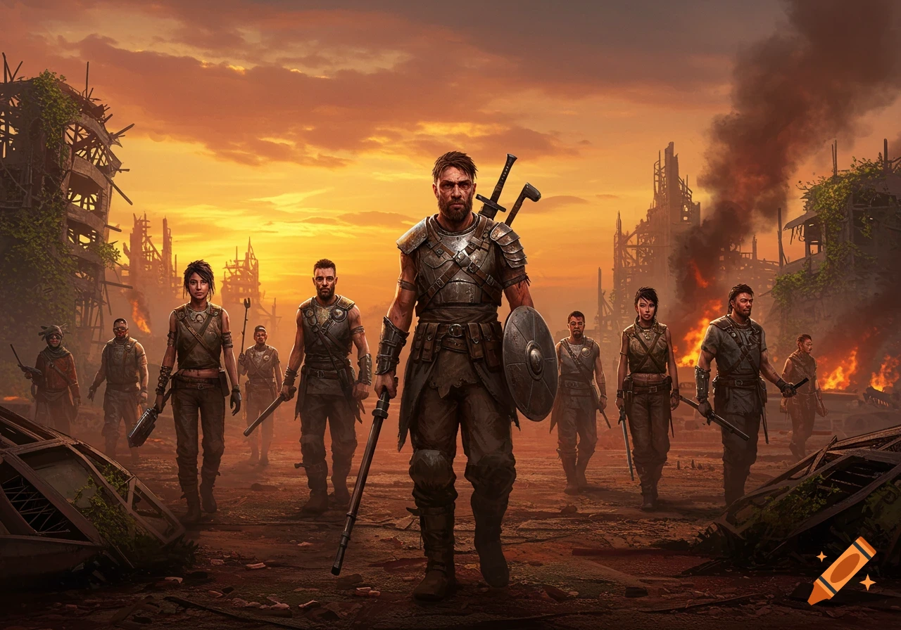 A group of armed men and women, post-apocalyptic survivors, walk through a ruined city at sunset with fires burning in the background.