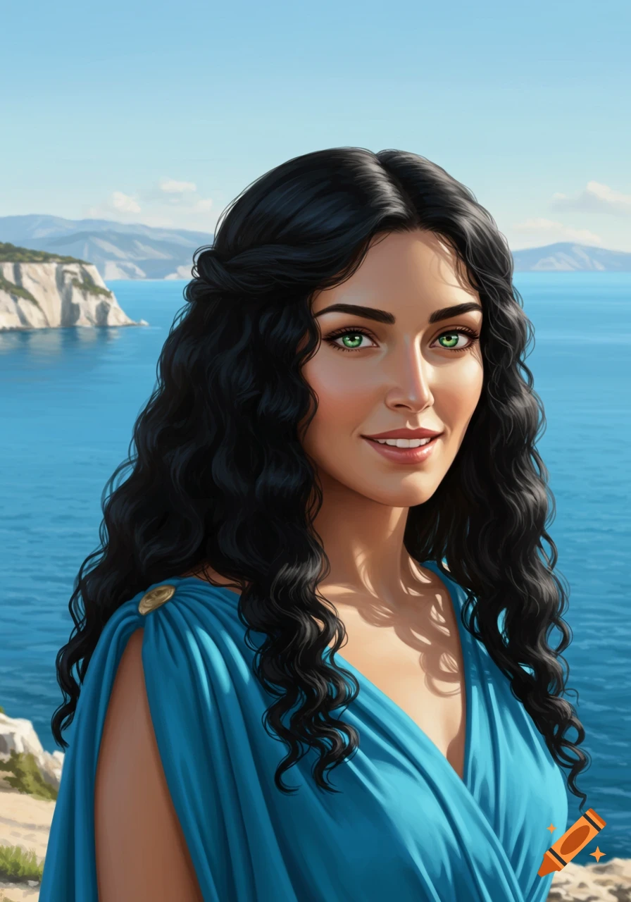 Photorealistic portrait of a beautiful Greek woman with long black curly hair and green eyes, wearing a blue chiton, against a bright seascape.