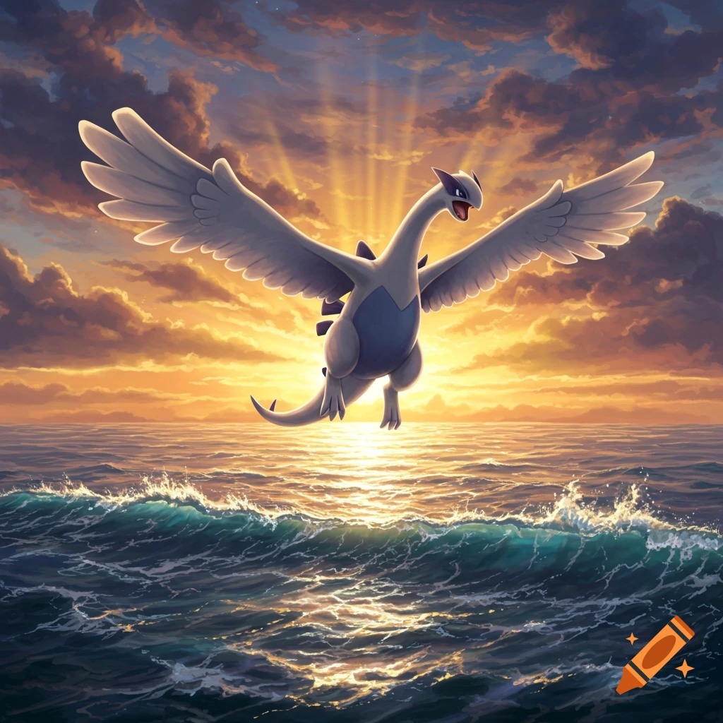 Lugia flies majestically over a turbulent ocean as sun rays beam through a dramatic orange and yellow sunset sky.