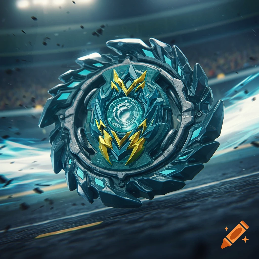 A dark greenish-blue and gold Beyblade spinning rapidly in an arena with motion blur and debris.