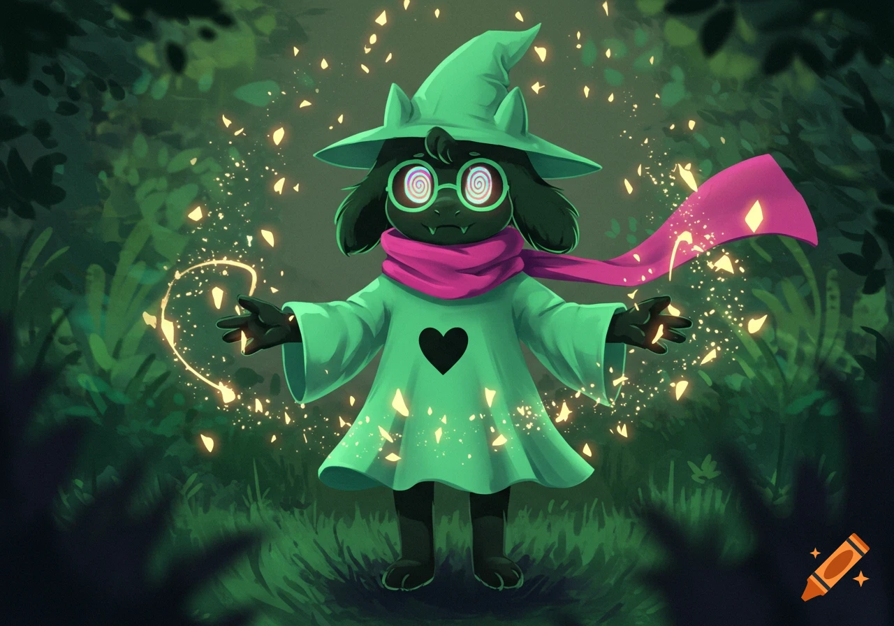 Ralsei, a dark furred creature in a green hat, pink scarf, and robe with a heart, casts magic in a dark forest with glowing particles.