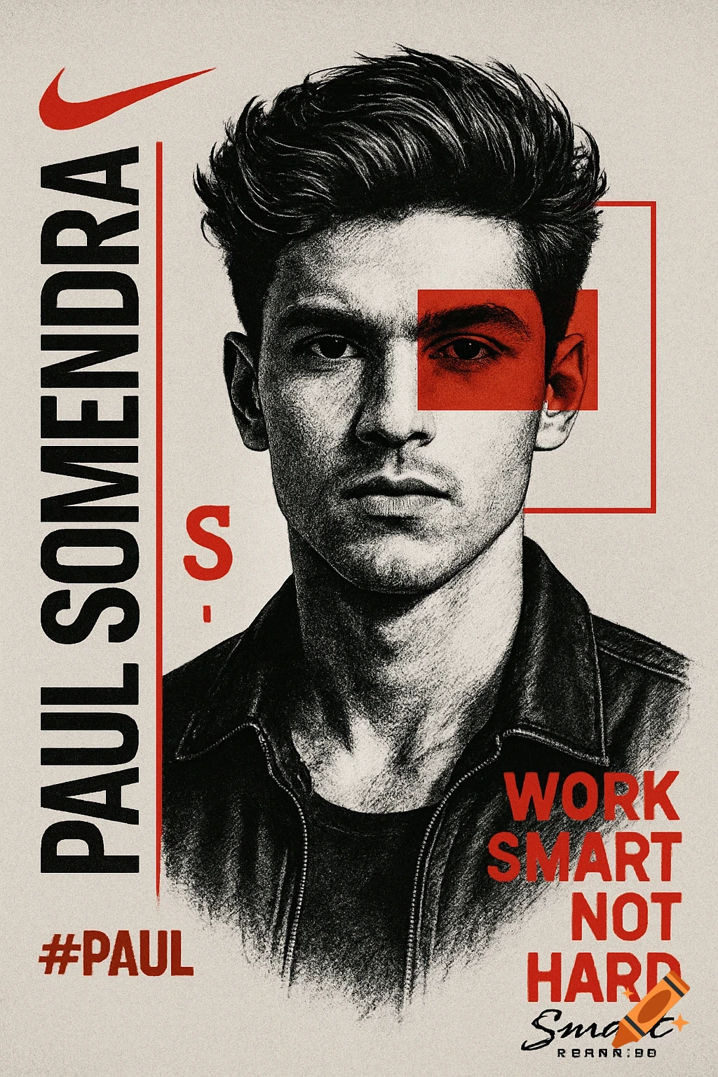 A graphic design portrait of a young man in black-and-white with red accents, featuring text 'Paul Somendra' and 'Work Smart Not Hard'.
