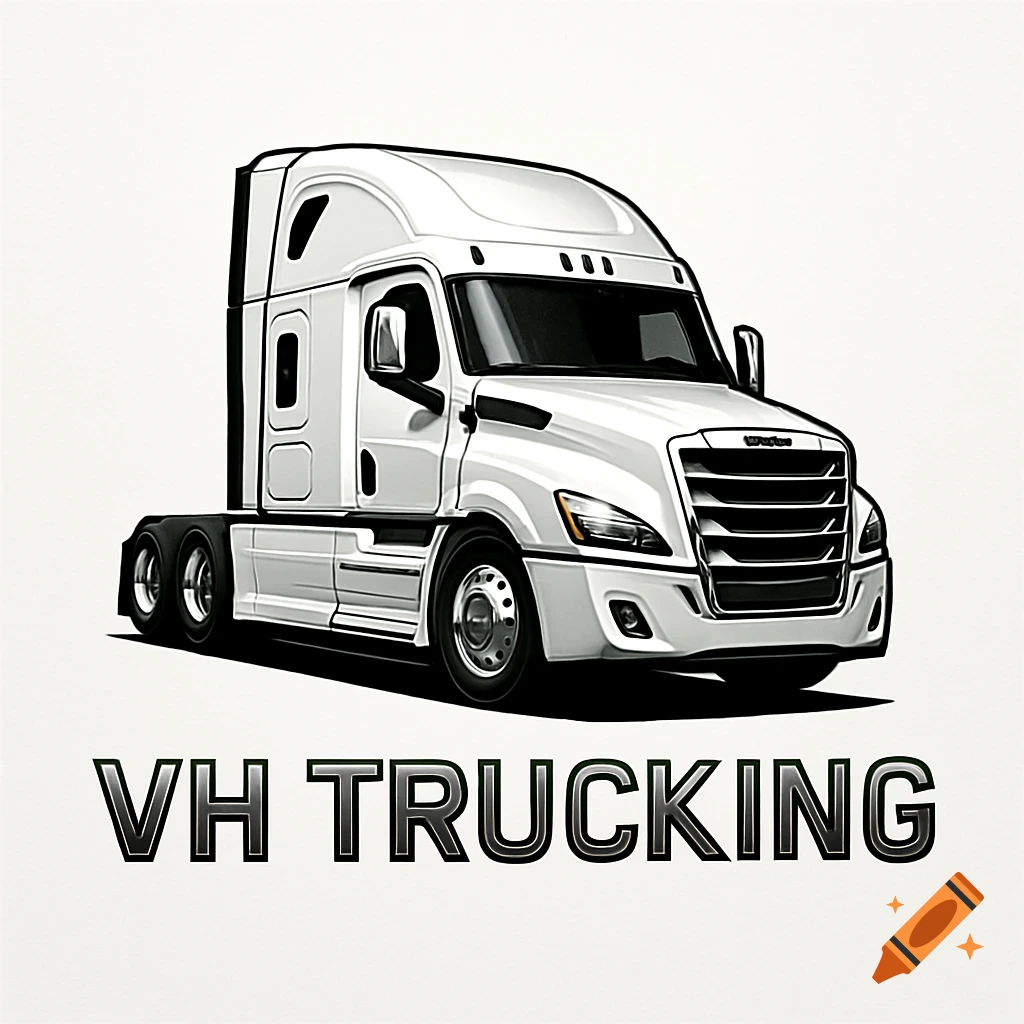 White Freightliner Cascadia semi-truck logo with 'VH TRUCKING' text below it, on a white background.