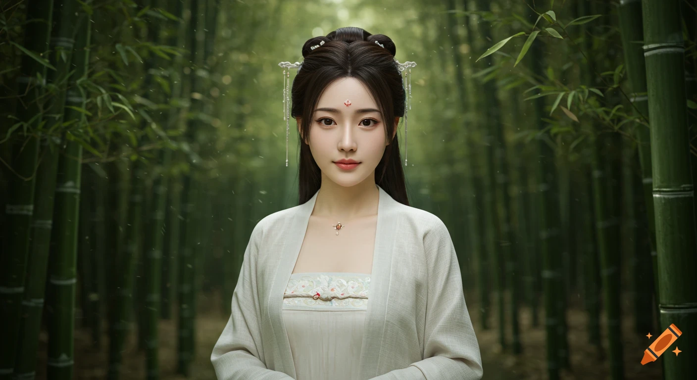 A beautiful young Chinese woman in traditional Hanfu with elaborate hair ornaments, standing in a serene bamboo forest.