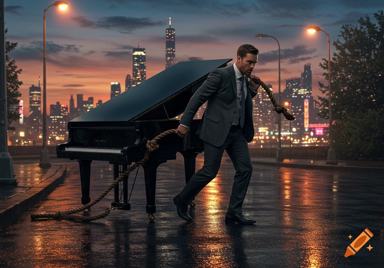 A man in a suit strains to pull a grand piano with a rope down a wet city street at dusk, with a skyline in the background.
