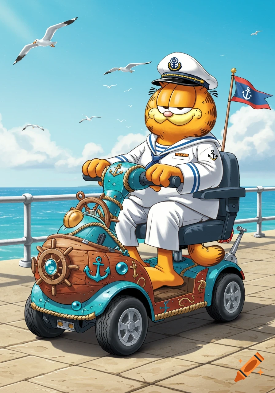 Garfield the cat, dressed as a sea captain in a white uniform and hat, rides a nautically themed mobility scooter along a boardwalk by the ocean, with seagulls flying in the blue sky.