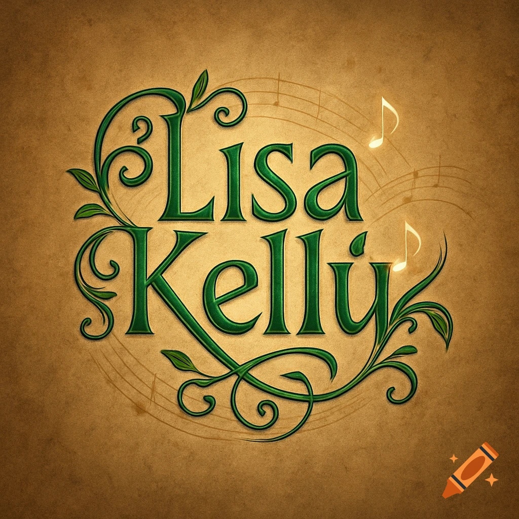 Green stylized text "Lisa Kelly" with elaborate leafy vines and musical notes on a textured brown background, designed as an album cover logo.