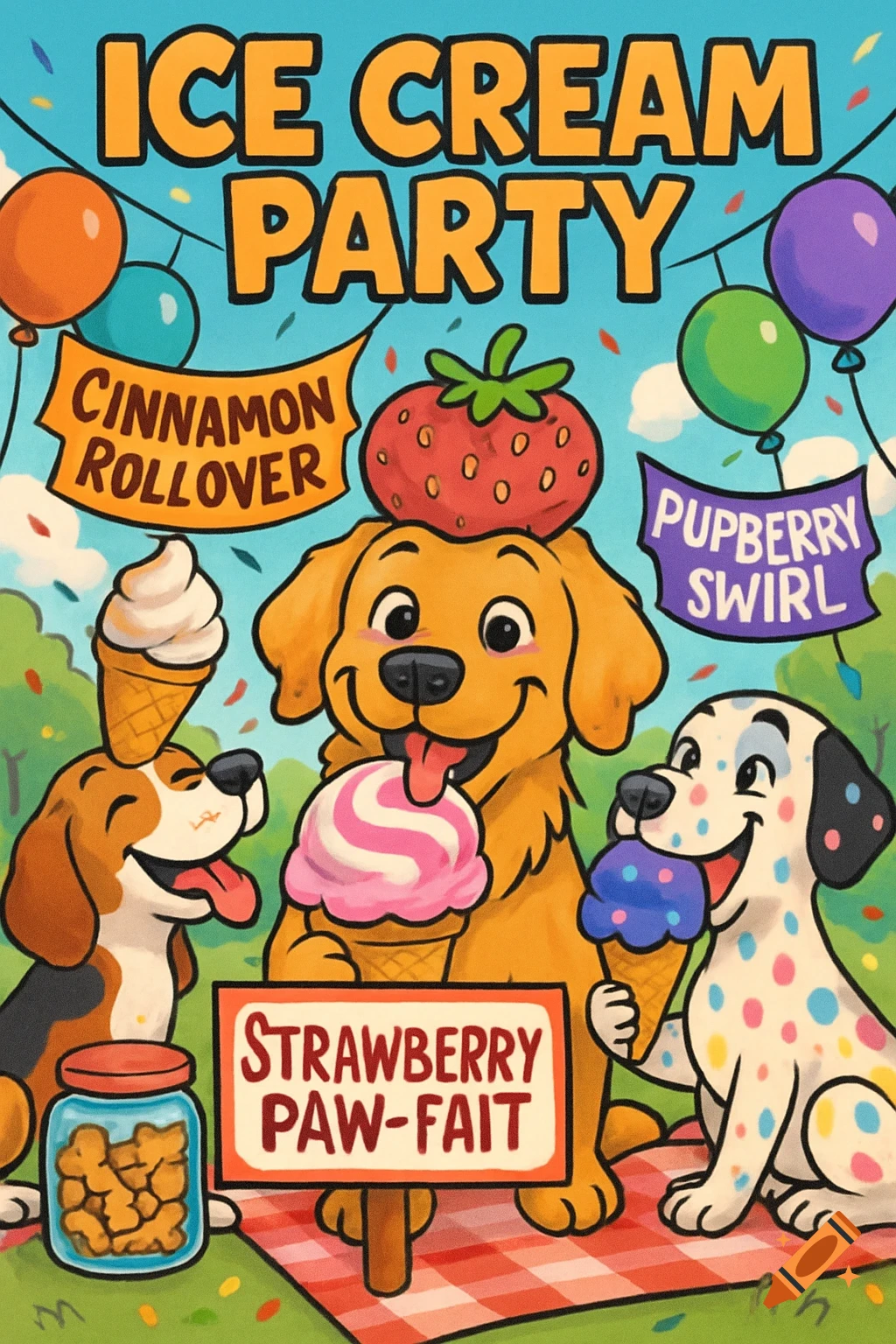 Cartoon poster: Happy dogs enjoy ice cream at a party. Signs for 'Ice Cream Party', 'Strawberry Paw-fait', 'Cinnamon Rollover', 'Pupberry Swirl'.