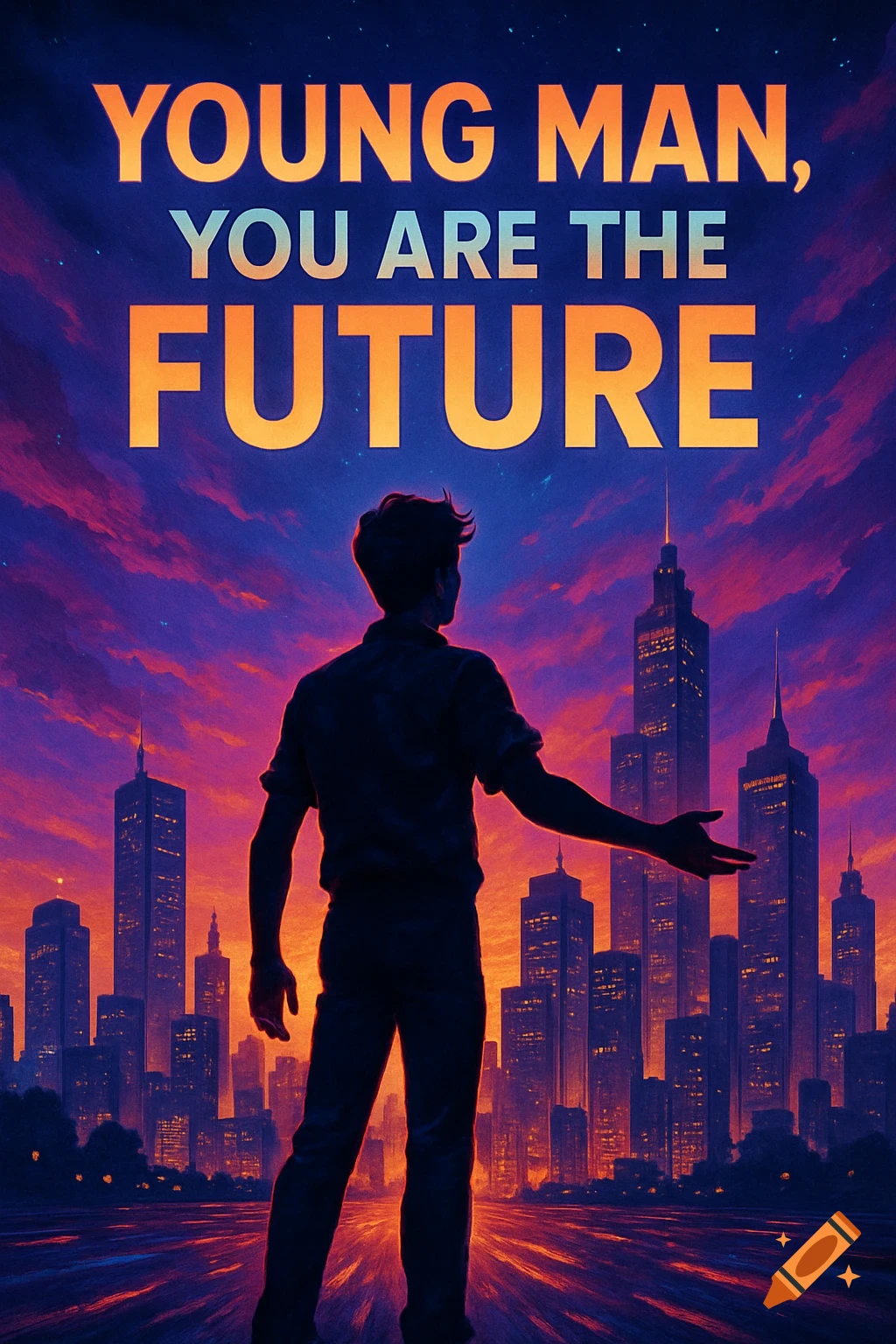A silhouette of a young man looking at a futuristic city skyline under a vibrant sunset, with the text 'YOUNG MAN, YOU ARE THE FUTURE' above.