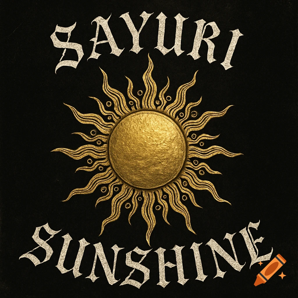 A stylized golden sun emblem with swirling rays and a textured surface on a black background, with distressed white text "SAYURI" above and "SUNSHINE" below.