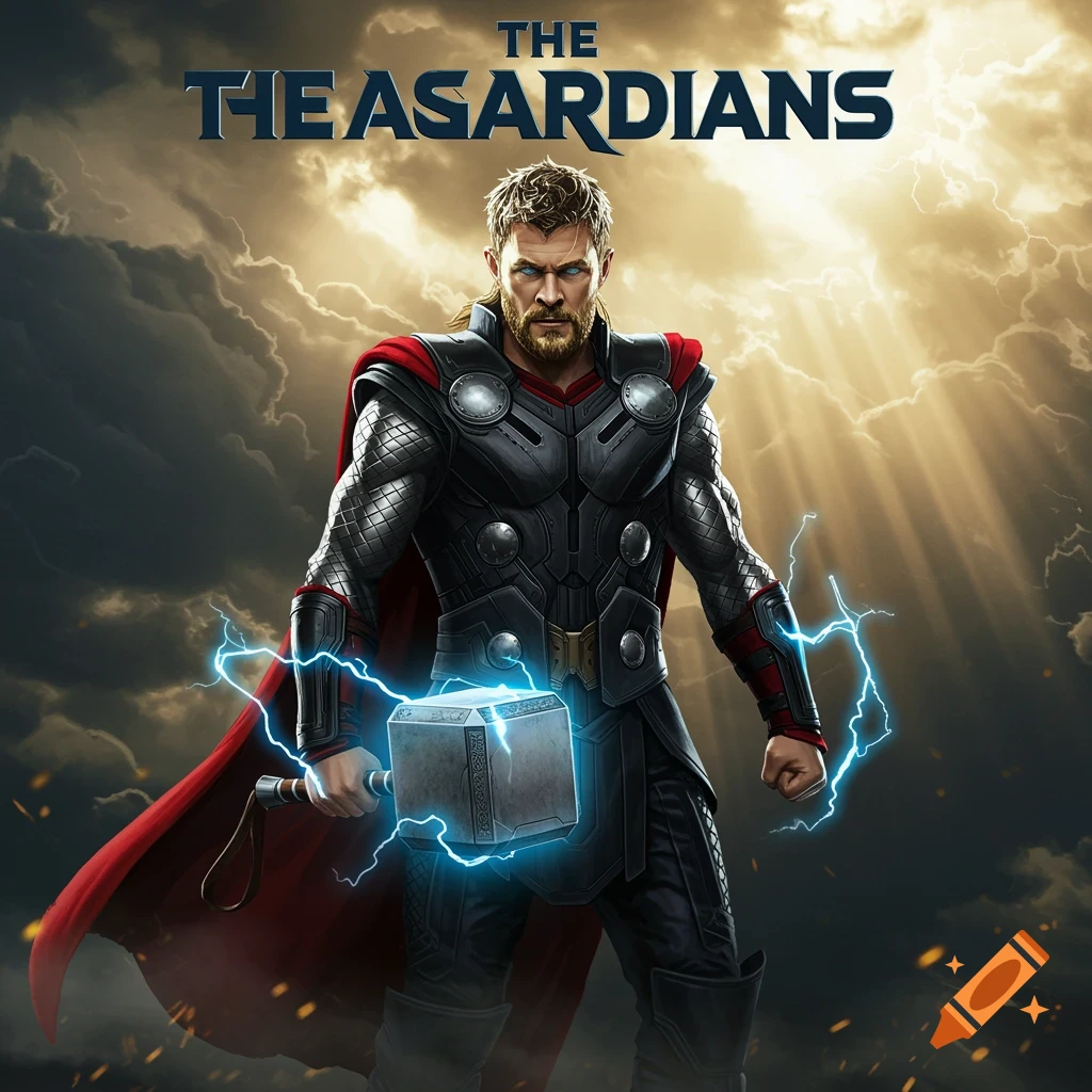 Thor in black armor and red cape, holding Mjolnir crackling with lightning, under a stormy sky with the title 'THE THE ASGARDIANS'.