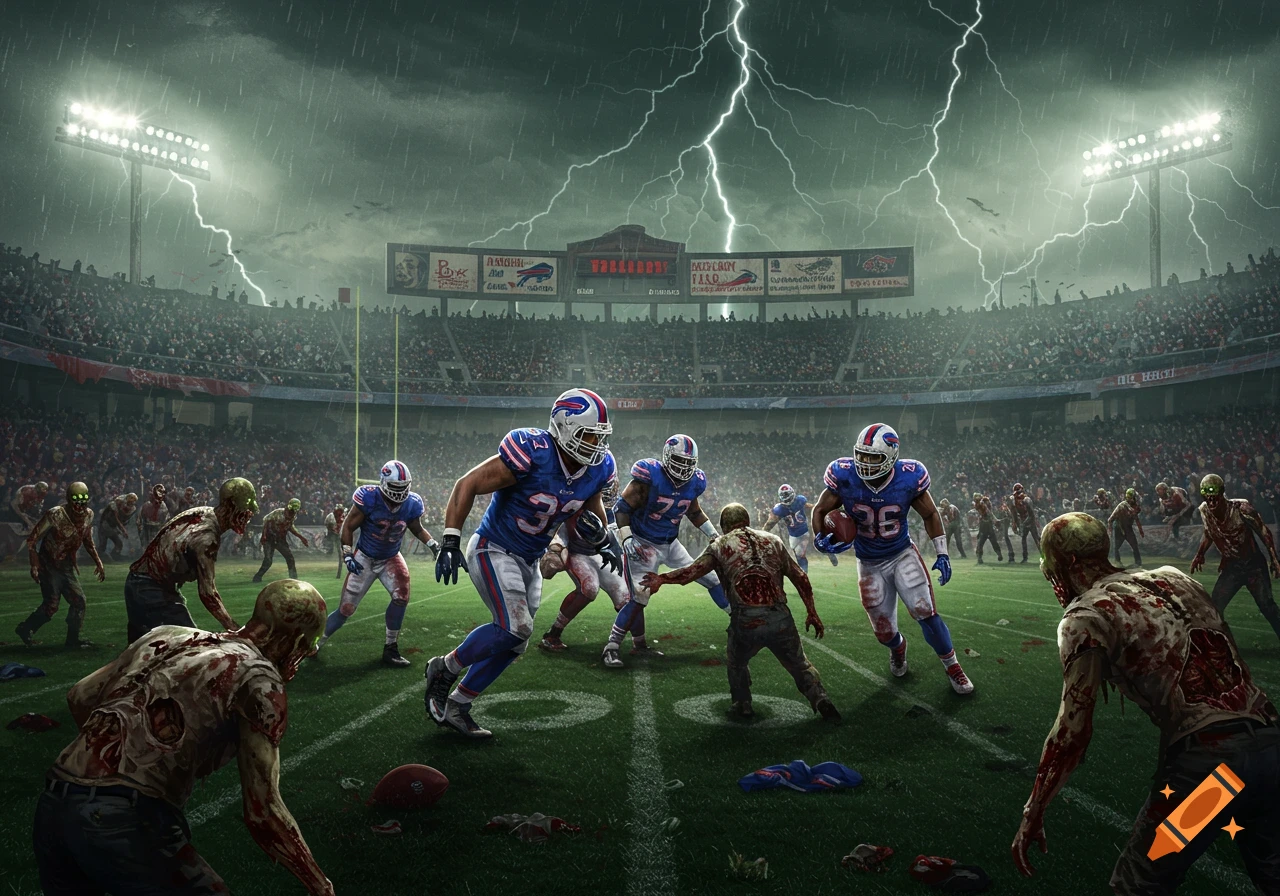 Football players in blue uniforms battle zombies on a stormy stadium field with lightning and crowds.