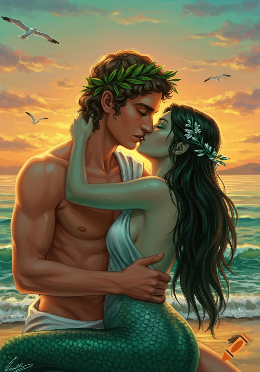 Illustrated scene of Apollo and a mermaid kissing on a beach at sunset, with seagulls flying in the sky.