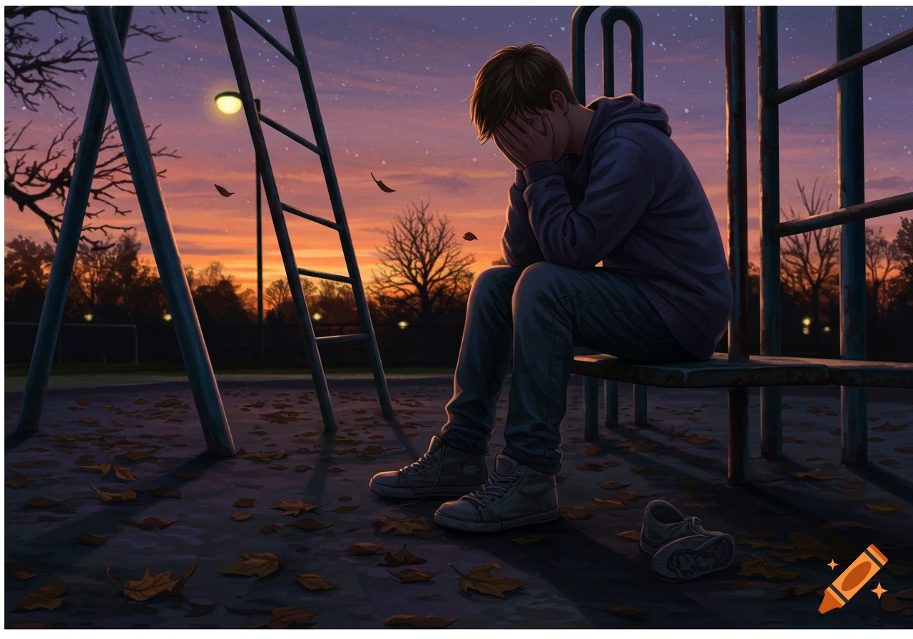 A sad teen sits on playground equipment at dusk, covering their face, surrounded by fallen leaves, digital art.