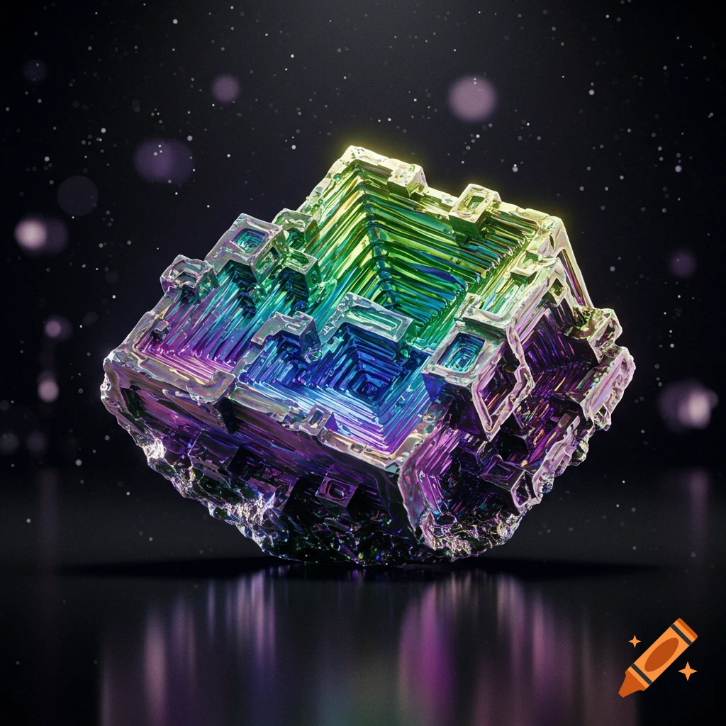 An iridescent bismuth crystal displaying staircase growth, reflecting rainbow colors on a dark, reflective surface.
