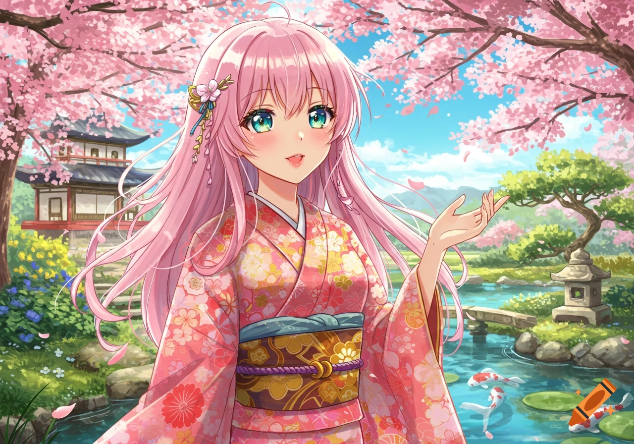 Anime girl with long pink hair and green eyes, wearing a floral kimono, stands in a Japanese garden with cherry blossoms, koi pond, and temple.