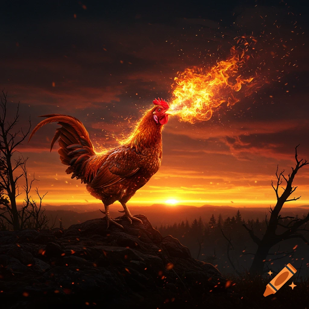 A majestic fire-breathing rooster stands on a rocky outcrop at sunset, silhouetted against an orange sky.