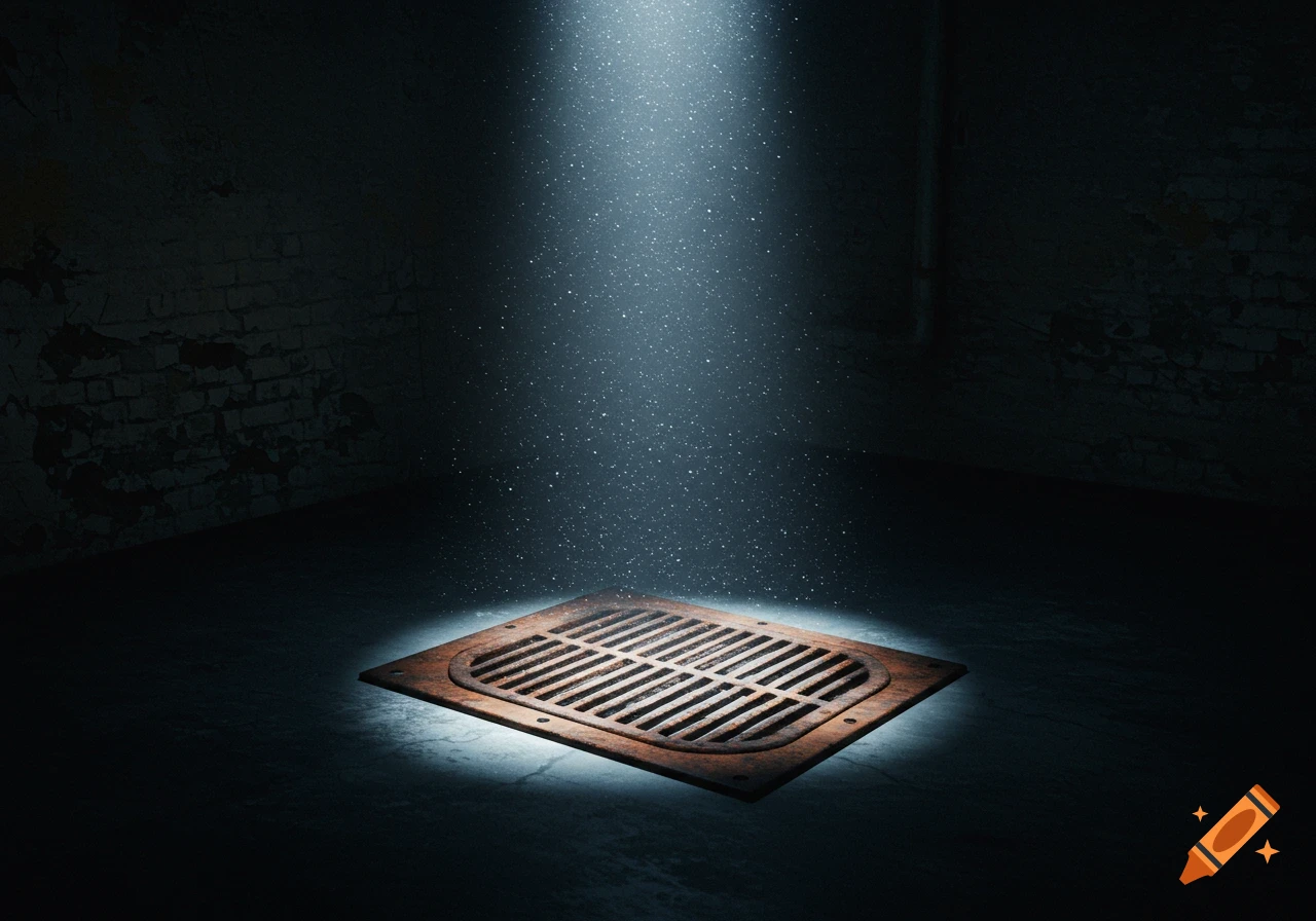 A rusty metal grate on a dark floor, illuminated by a dramatic shaft of light in a gloomy room.