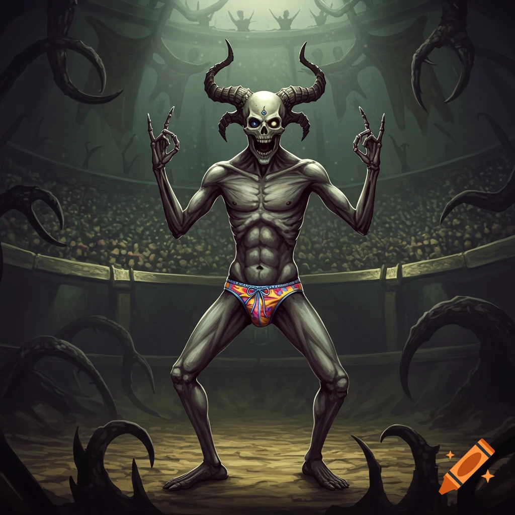 Skeletal, horned demon in colorful speedos making rock-on gestures in a dark arena with a crowd.