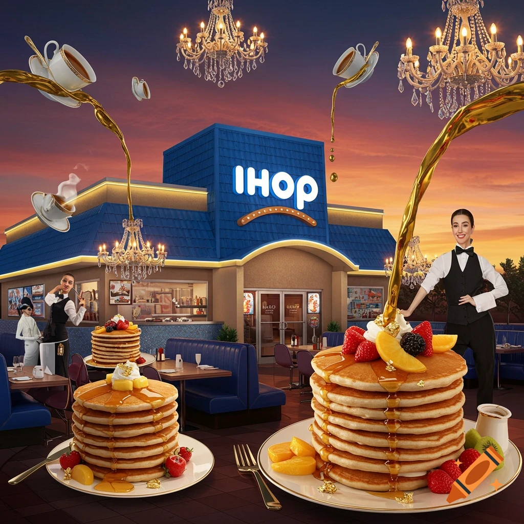 A vibrant, surreal IHOP restaurant scene with giant pancakes, flowing syrup, chandeliers, and waitstaff under a colorful sky.
