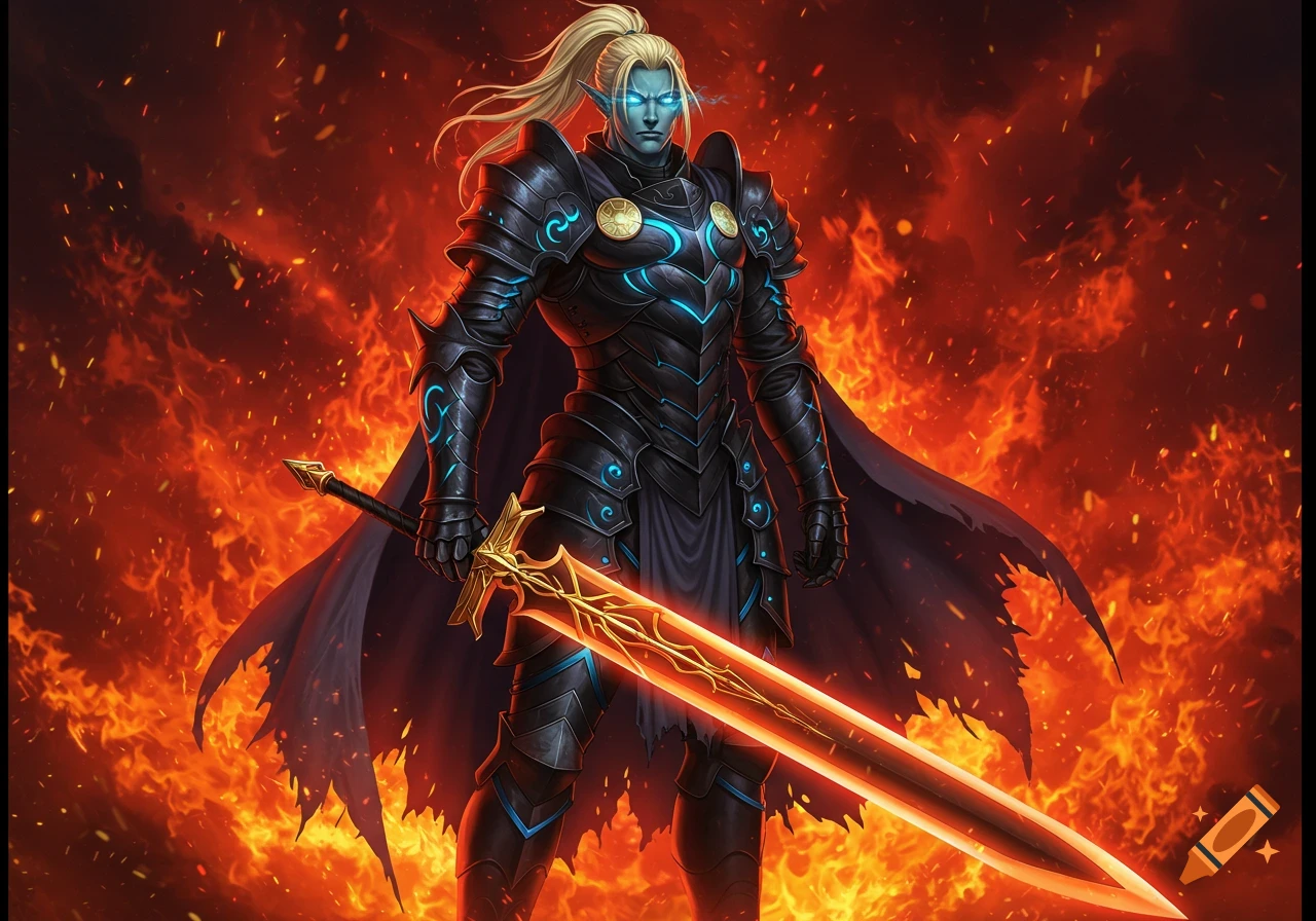 A male elf knight in glowing black and blue armor holds a large glowing sword, standing against a backdrop of crimson fire.