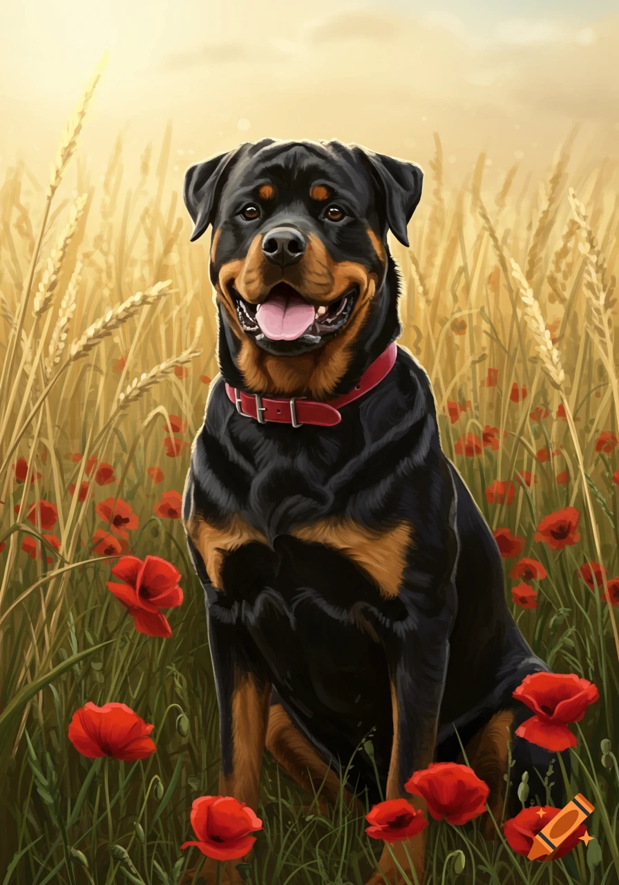 A happy Rottweiler wearing a red collar sits in a field of golden wheat and red poppies. Illustrated style.