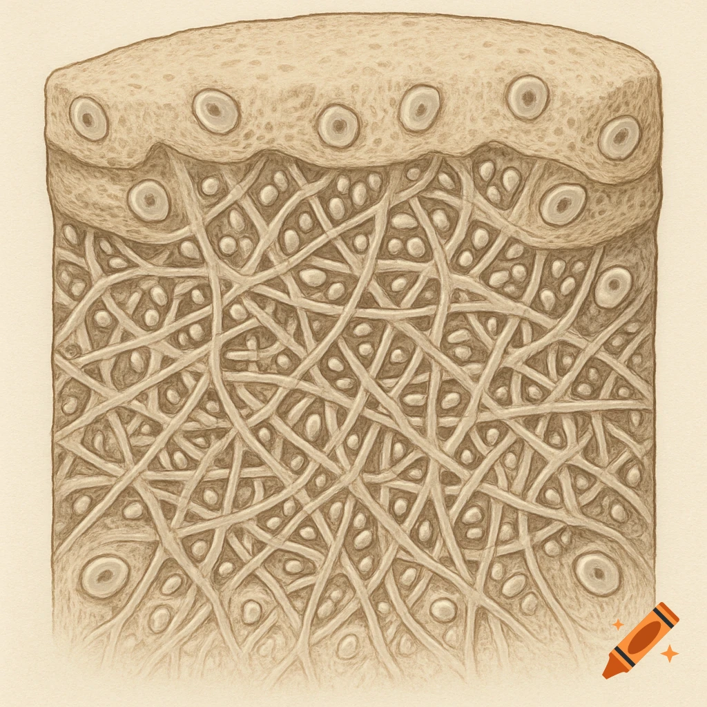 A sepia-toned scientific illustration of schematic cartilage tissue, showing a dense network of fibers and cells.