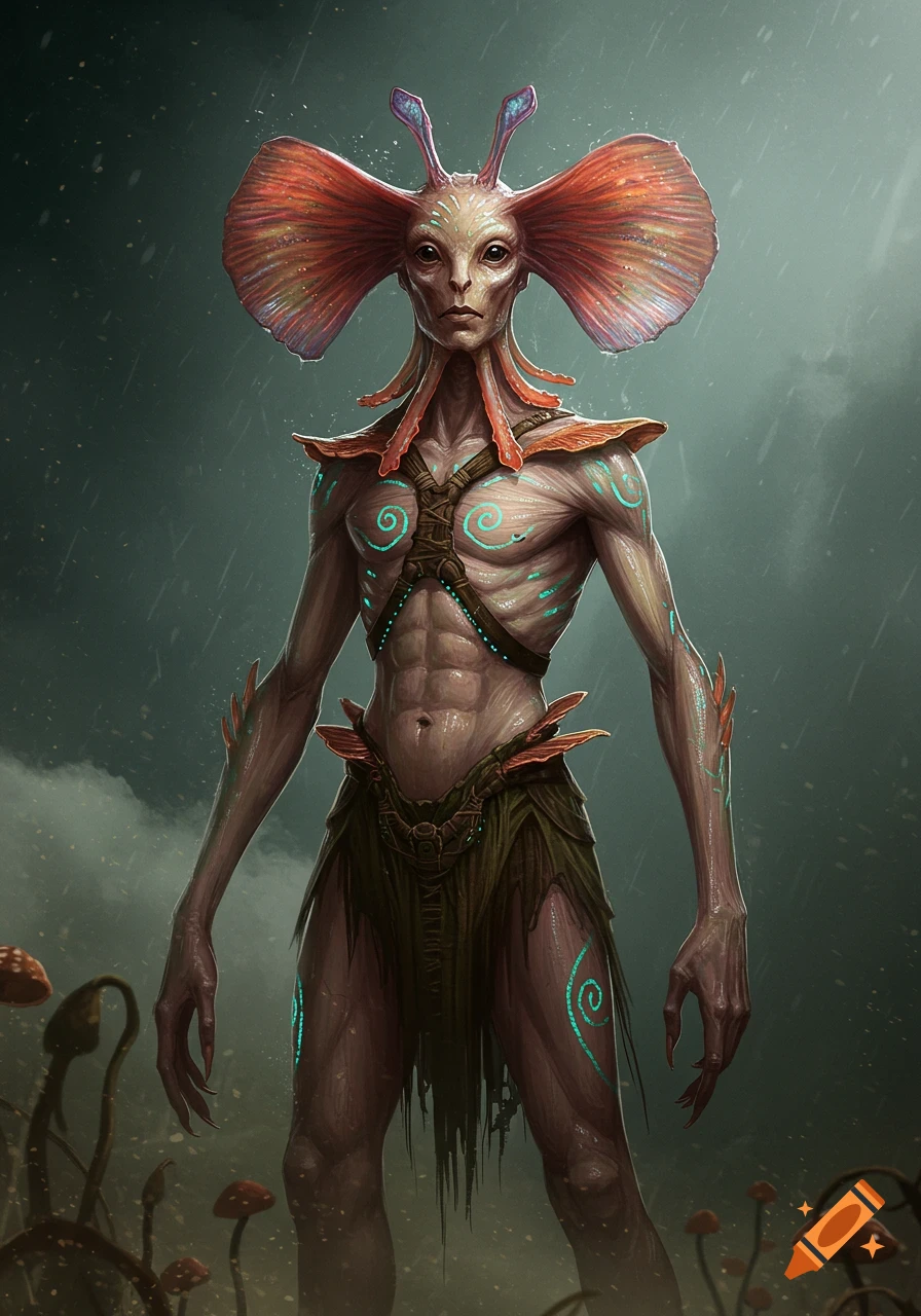 Detailed concept art of a lean, muscular fantasy creature with large red ear-flaps and glowing blue spiral markings.