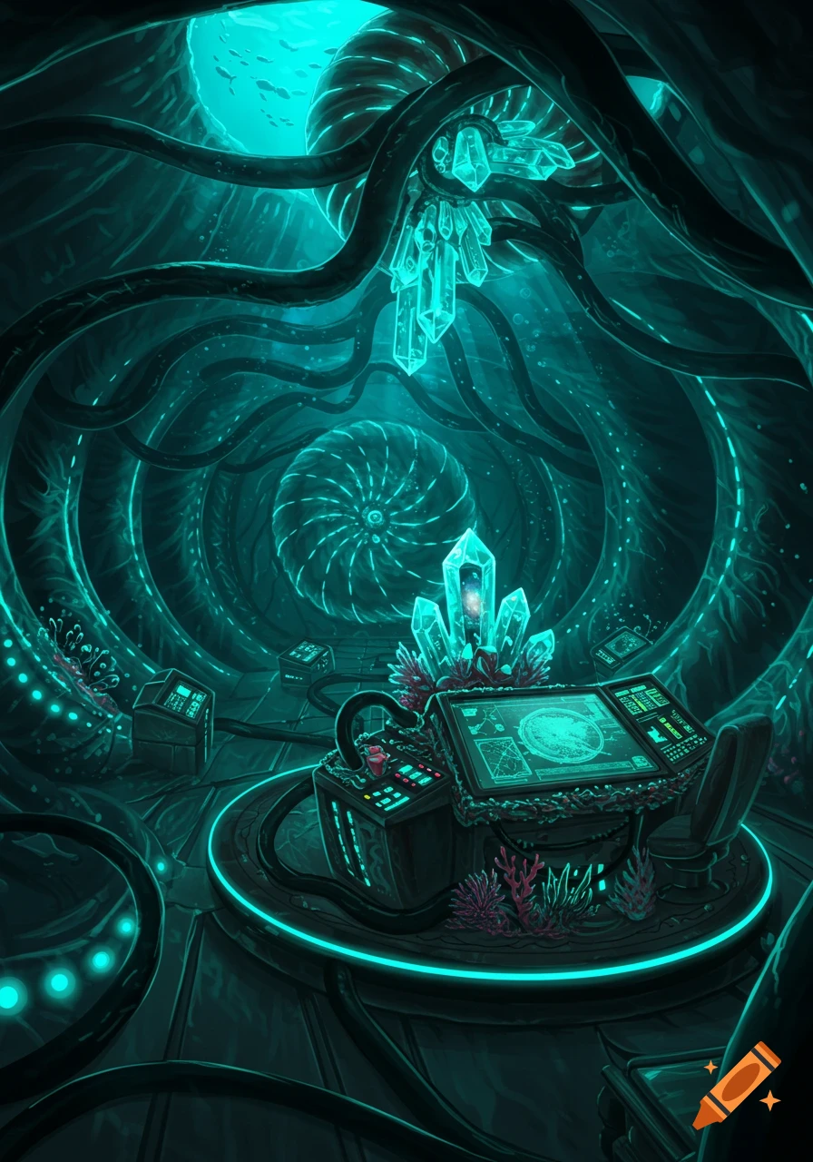 A vibrant teal underwater cavern with glowing crystals and advanced machinery, possibly inside a nautiloid ship, with an intricate spiral pattern in the background.