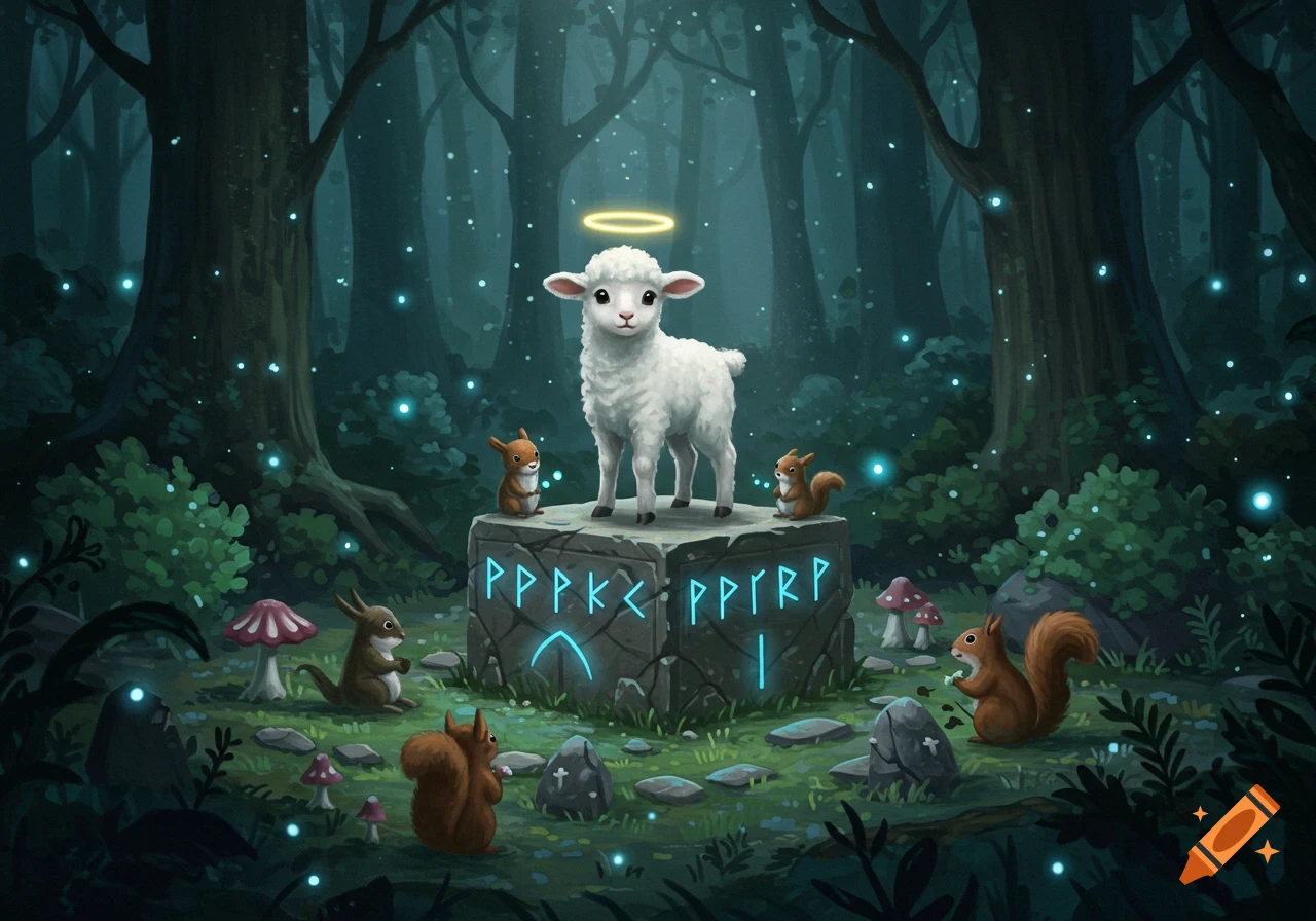 A cute lamb with a halo stands on a glowing runic altar in a magical, dark forest, surrounded by squirrels and mushrooms.