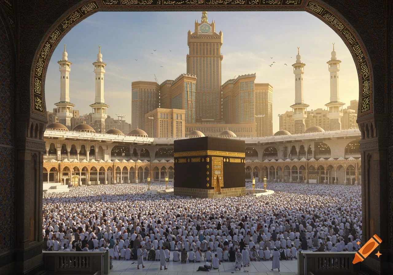 A photorealistic view of the Kaaba in Mecca, surrounded by a vast crowd of pilgrims, framed by an ornate archway.