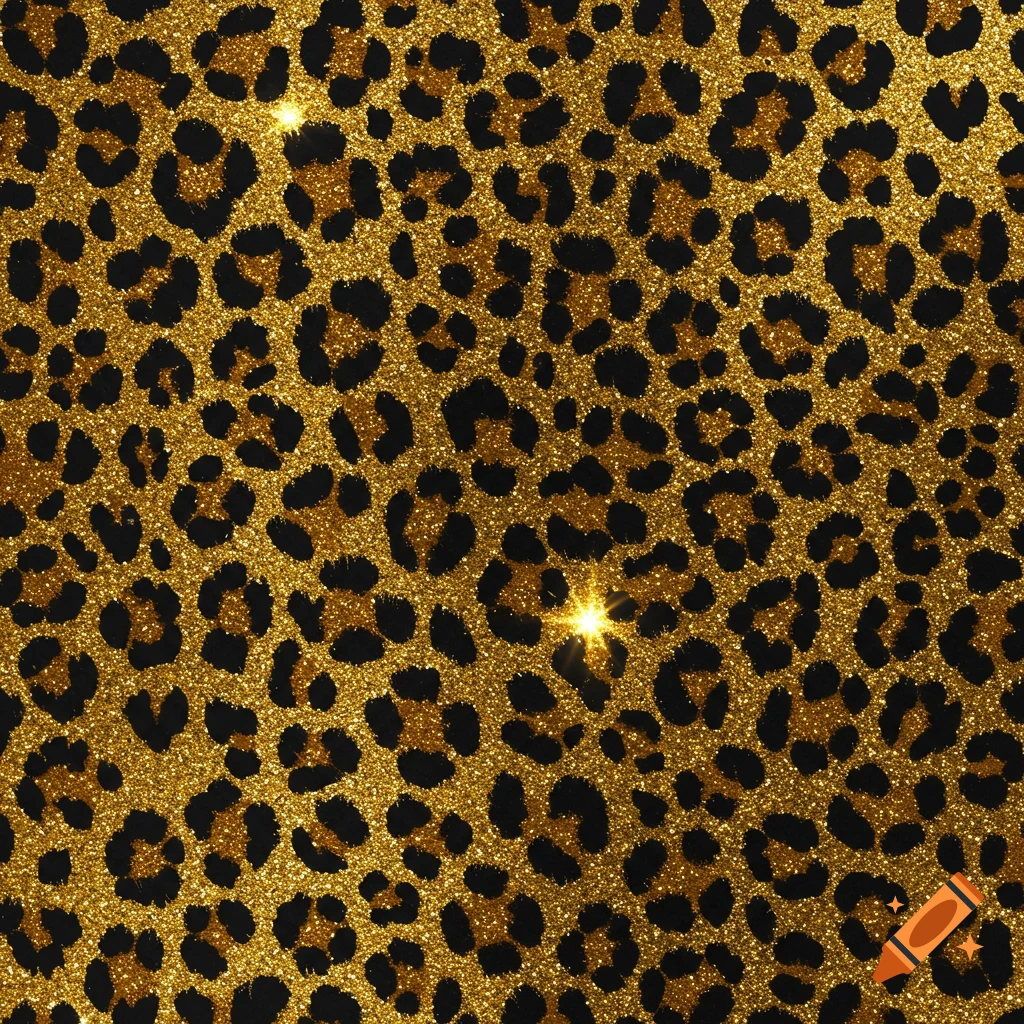 A close-up of a shimmering gold glitter leopard print pattern with black and brown spots.