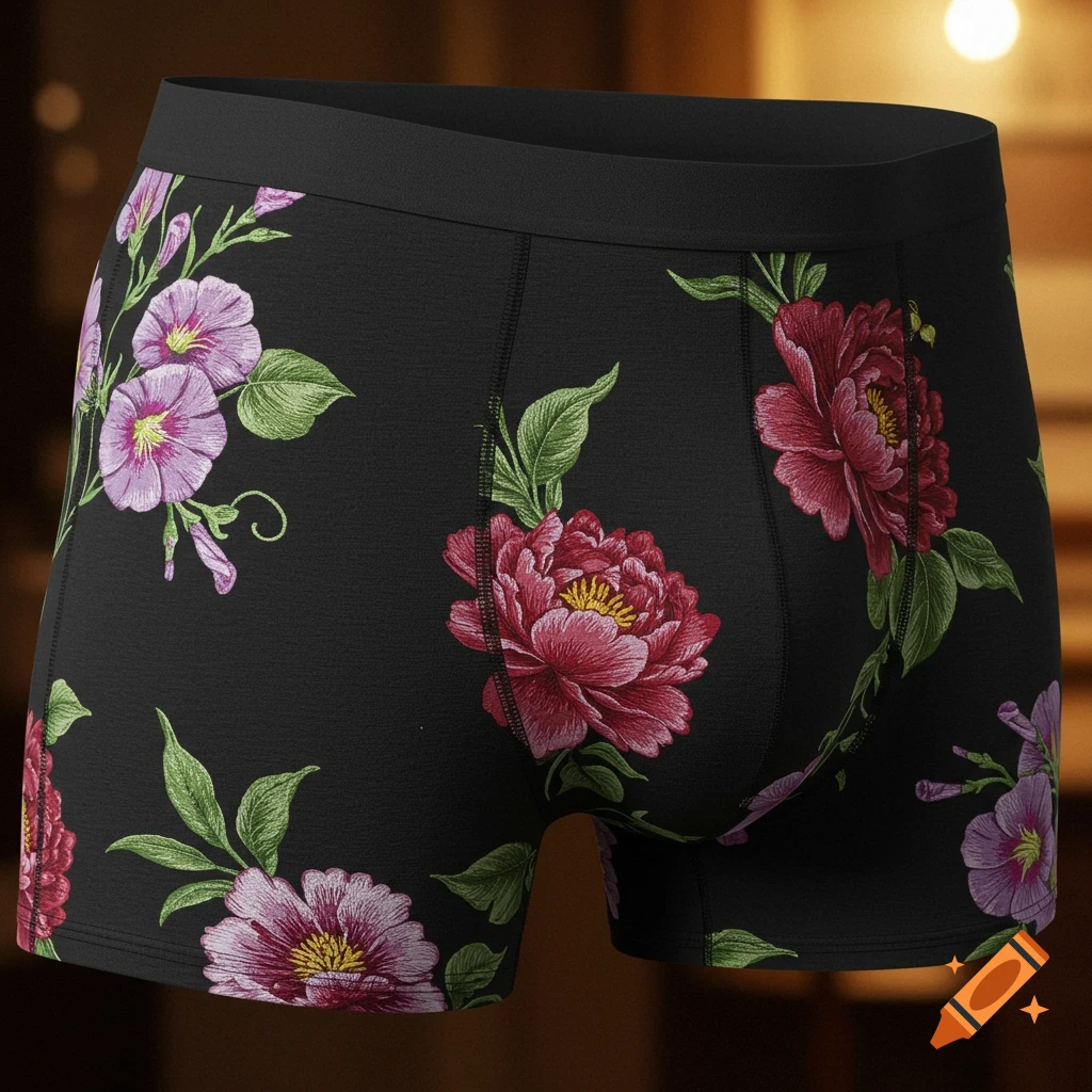 Close-up of black boxer briefs adorned with vibrant red peonies and purple morning glories against a dark background.