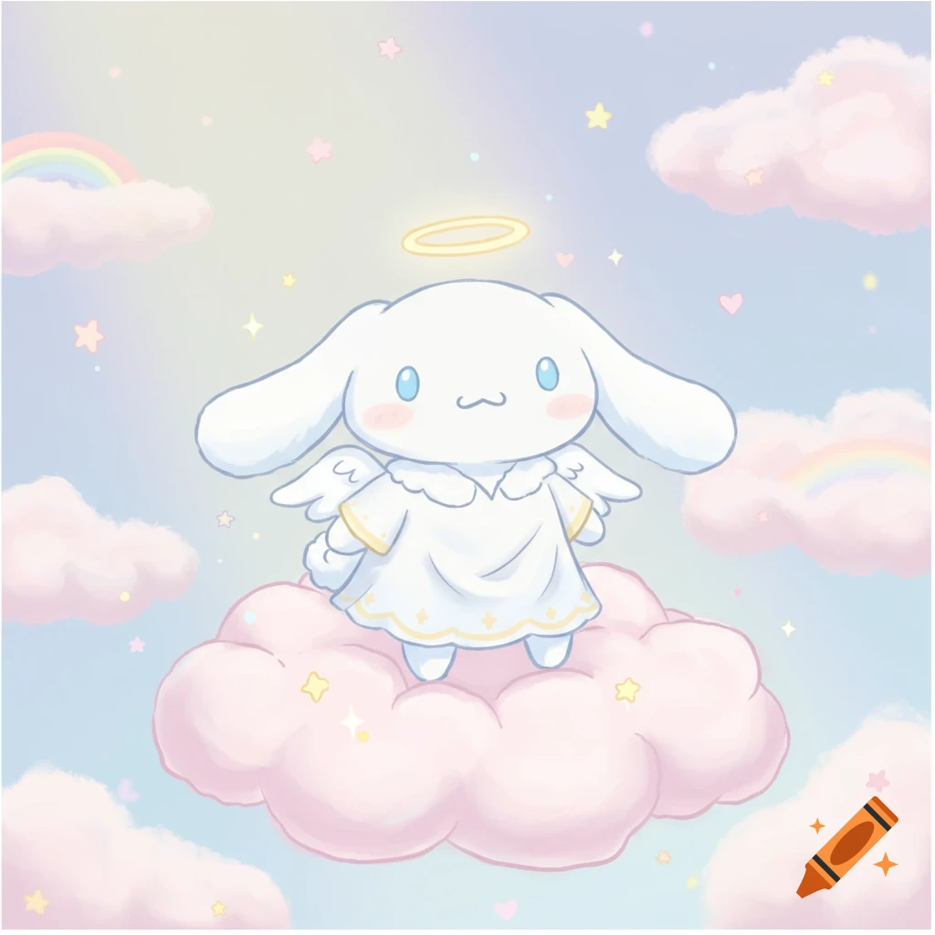 A cute Cinnamoroll with a halo and wings, dressed as an angel, floating on a pink cloud in a pastel sky with rainbows and stars.