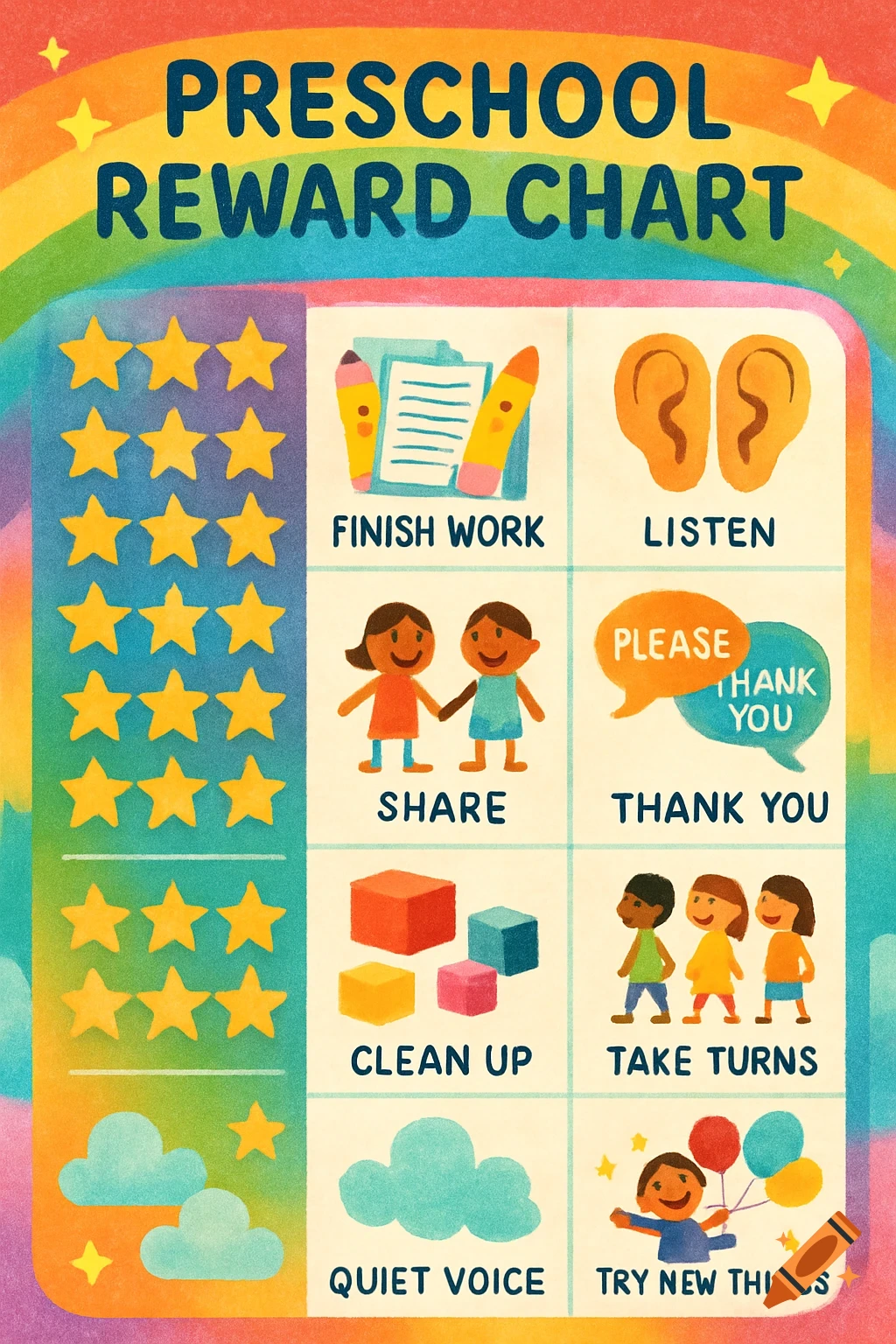 A colorful preschool reward chart with a rainbow background. It lists tasks like 'FINISH WORK', 'LISTEN', 'SHARE', 'THANK YOU', 'CLEAN UP', 'TAKE TURNS', 'QUIET VOICE', 'TRY NEW THINGS', each with a corresponding cartoon illustration. A column on the left shows rows of golden stars.