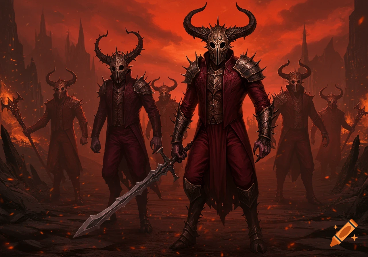 A group of horned, masked figures in red armored outfits stand in a fiery, dark fantasy landscape, one holding a sword.