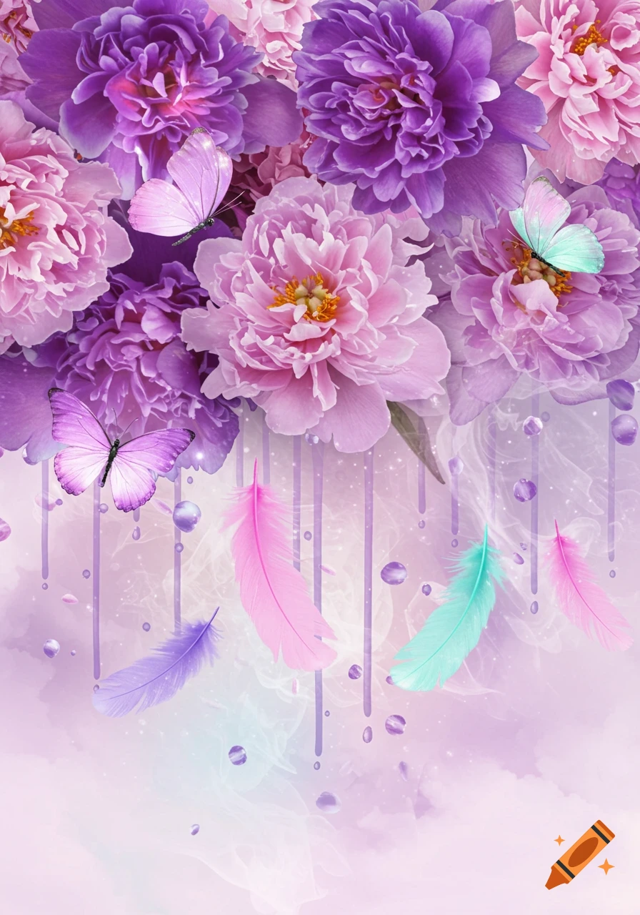 Vibrant digital art of purple and pink peonies with pastel butterflies, feathers, and smoke-like effects.