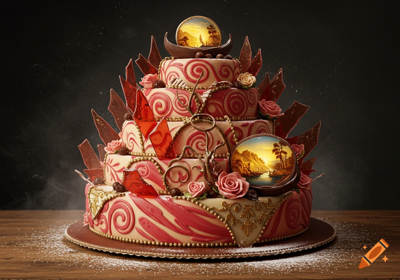 Ornate multi-tiered cake with pink and cream frosting, gold details, chocolate shards, sugar roses, and miniature landscape paintings on a dark background.