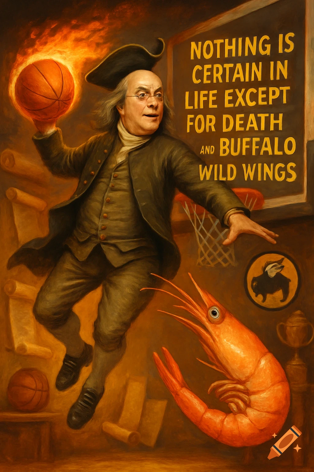 Benjamin Franklin in colonial attire dunks a flaming basketball over a large shrimp, next to a sign about death and Buffalo Wild Wings.